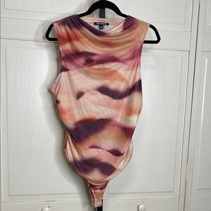 Steve Madden Womens Gradient Print Mesh Cowl Neck Sleeveless Bodysuit Sz L Pink